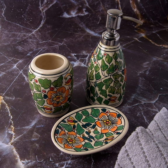 India Meets India Ceramic Bathroom Set/Accessories, Ceramic Toothbrush Holder, Soap Dispenser and Soap Dish Green, Ceramic Set for Kitchen Sink and Bathroom Countertop Storage and Organization