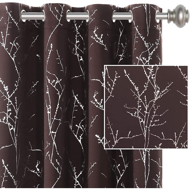 Cortinas opacas para dormitorio con estampado de papel de aluminio, rama de árbol, rama de árbol, aislamiento térmico, con ojales, cortinas que bloquean la luz, gruesas y suaves cortinas para ventana para sala de estar, 52 x 84 pulgadas, salvia, 2 paneles, marrón, 52 pulgadas de ancho x 96 pulgadas de largo