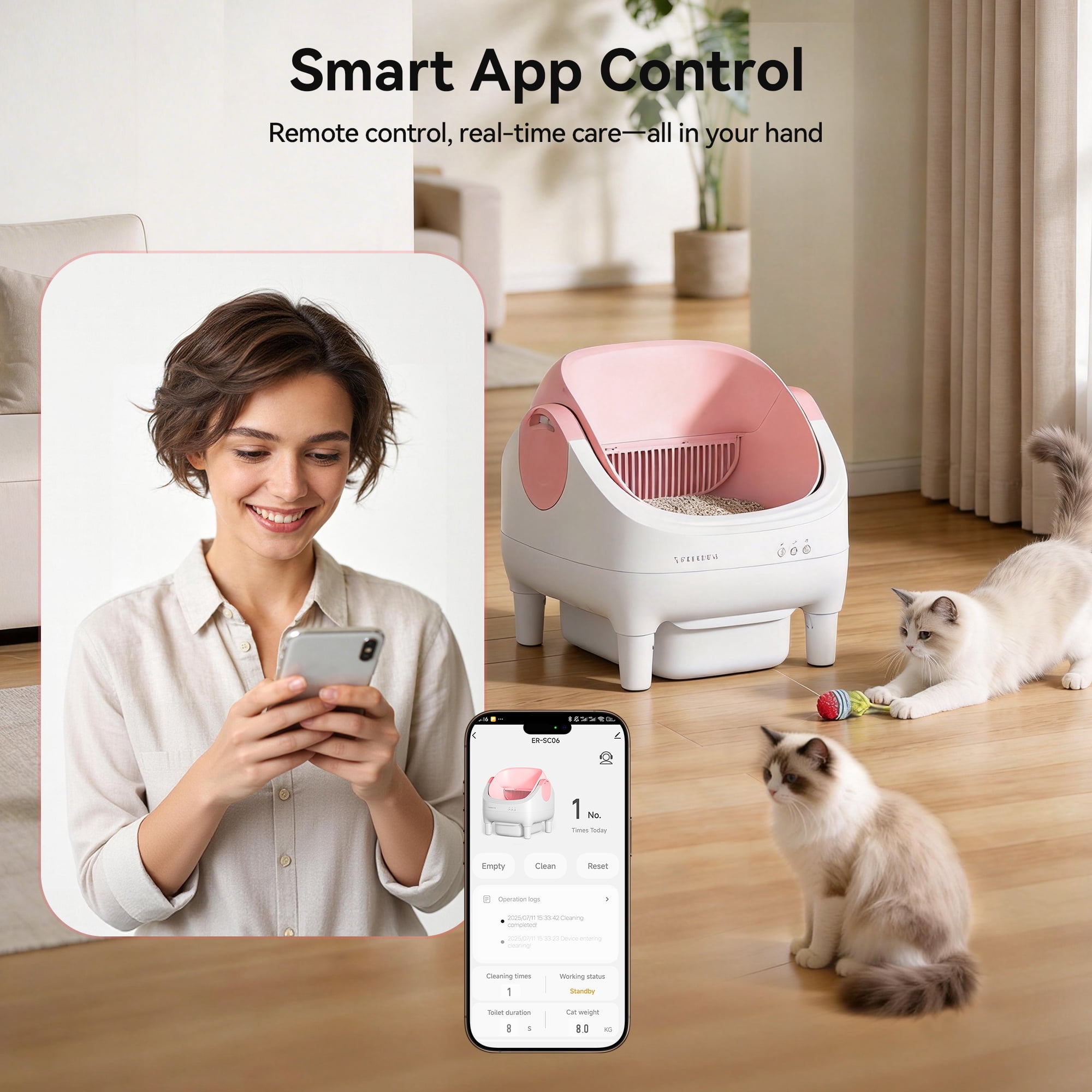 Osoeri Self Cleaning Cat Litter Box, Automatic Litter Box Self Cleaning ,Open Top Large Litter Box for Multiple Cats,with Safety Protection, APP Control,Odor Removal,Mat and Waste Bags Included, Pink