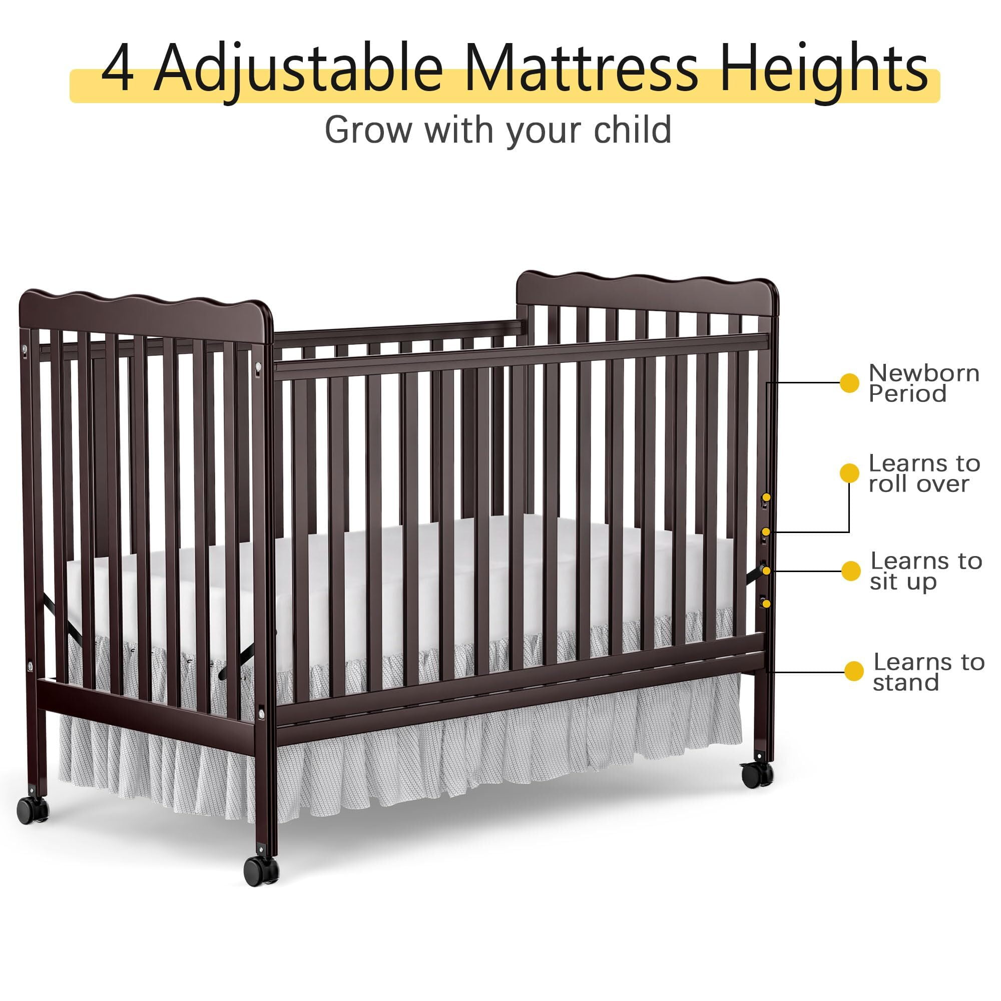 Baby Convertible Crib 3 In 1, Converts from Baby Crib to Toddler Bed, New Zealand Pinewood Baby Bed with Locking Wheels and Teething Rail, Crib with 4 Height Adjustment and Non Toxic Finish, Espresso