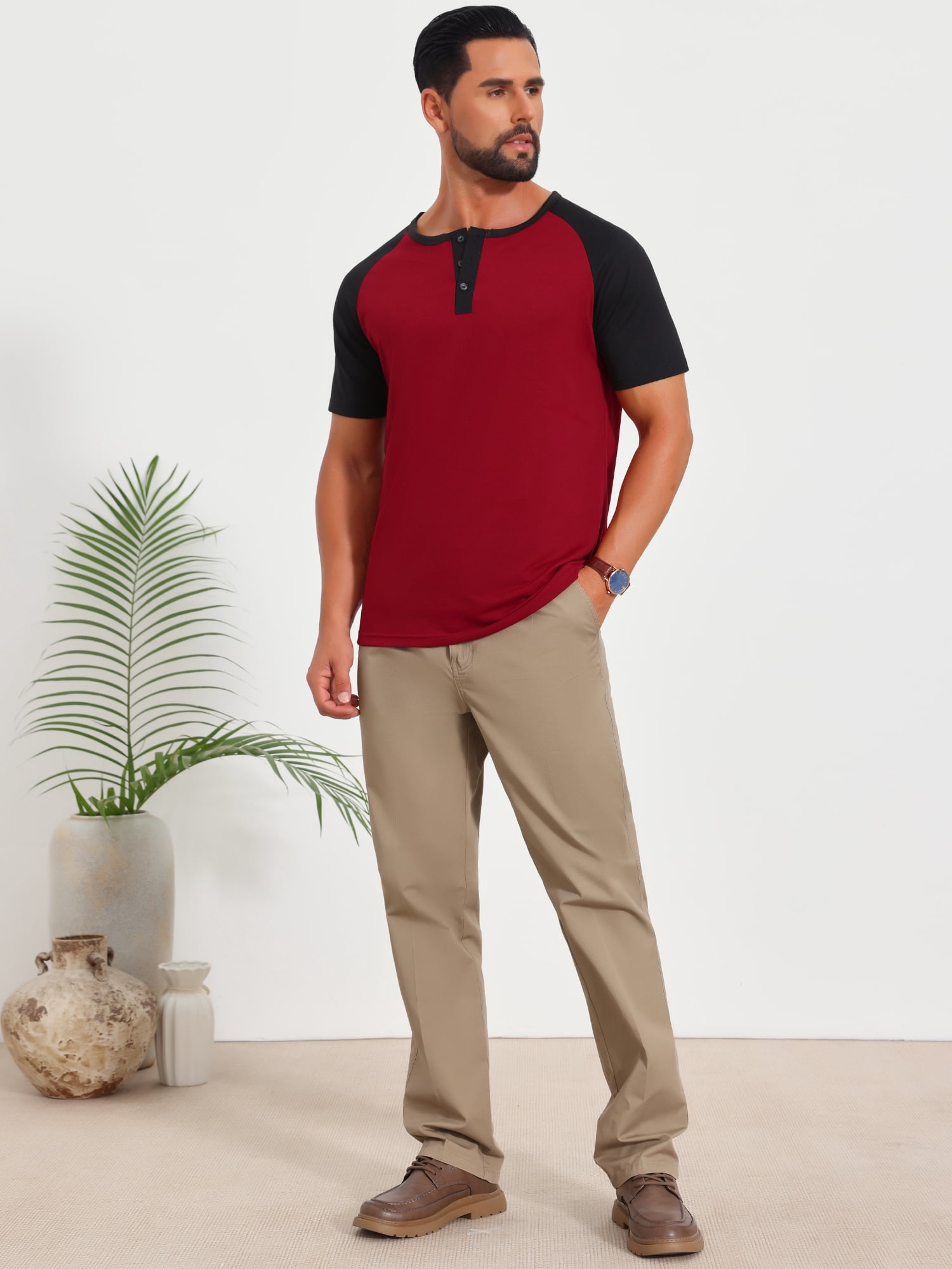 DARING DIVA Men's Henley Button Down Color Block Short Sleeve T-Shirt XL Burgundy