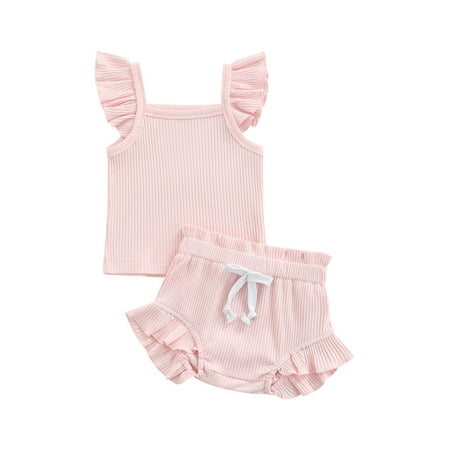

Baby Girl Summer Clothes Set Infant Solid Outfit Newborn Pure Color Bodysuit + Drawstring Shorts