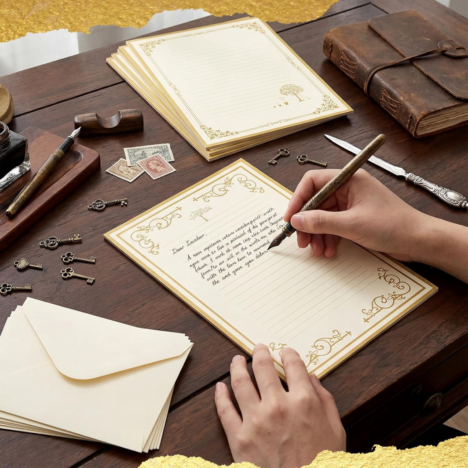 203 Pcs Vintage Stationary Paper and Envelopes Set 100 Lined Writing Letter Kit with Retro Accessories Pendant Sticker Rope for Printing Invitation(Gold Border Style)