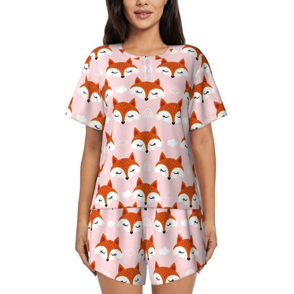 Logiee cute fox pink Print Womens Pajamas Set,Short-Sleeve Pajama 2 Piece Sleepwear with Pockets-Small