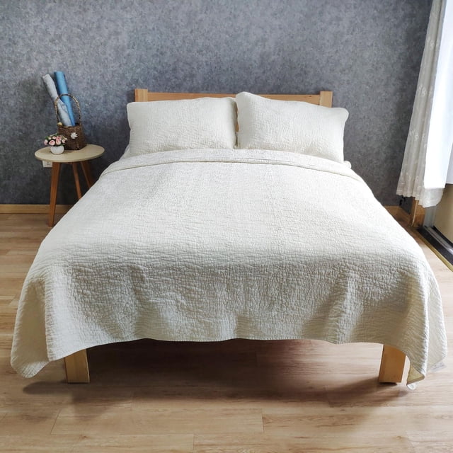 Ensemble de couette Carson de Gouchee Home – Ensemble de literie ivoire 3 pièces, coton délavé avec motif à coutures ondulées, couvre-lit doux toutes saisons