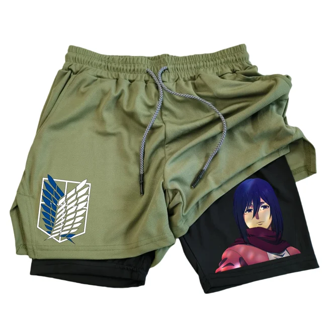 Pantalones cortos deportivos 2 en 1 de Anime Attack on Titan para hombre, Shorts transpirables de secado rápido para deportes, Fitness, correr al aire libre