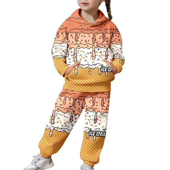 Kiijoy Sweatsuit for Girls Cute Ice-Cream Print Hoodie and Sweatpants Outfits, Sizes 4-16