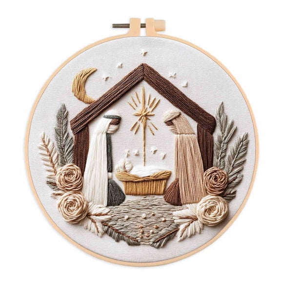 Christian Embroidery Kit for Adult Beginners, Pre-Stamped Nativity Scene Embroidery Kit, DIY Needlepoint Cross Stitch with Hoop Thread Needle Instruction, Christmas Ornaments