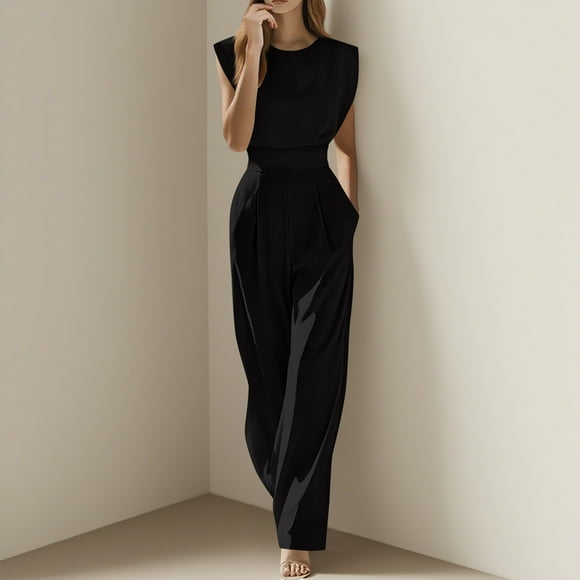 Wpawbk Women's Spring Solid-Color Round-Neck Pocket Jumpsuit, Lightweight Soft Casual Wear, Perfect for Daily Outings and Leisure, Comfortable Breathable Material, Versatile Fashion Piece