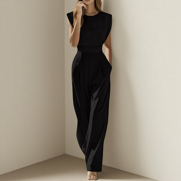 Teyfeniy Black Jumpsuits for Women Dressy Elegant Casual Sleeveless Crewneck Straight Wide Leg Pants Rompers with Pockets Fashion Outfits