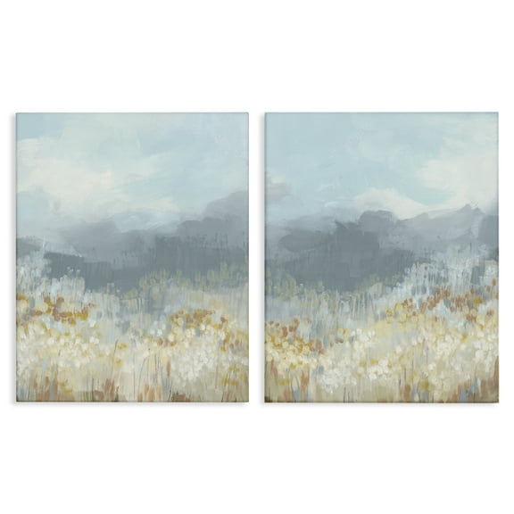 Stupell Industries White Flower Field Mountains Landscape & Nature Painting Wrapped Canvas Art Print Wall Art, 16 x 20, Set of 2