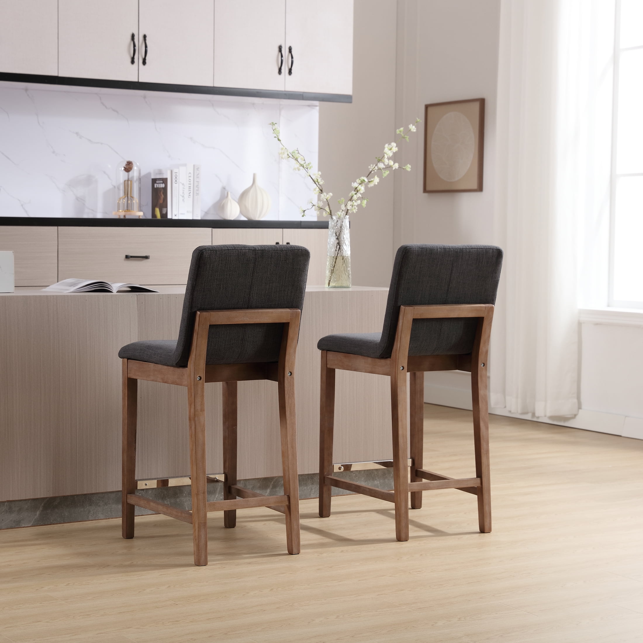 Guyou 26" Counter Height Bar Stools Set of 2, Modern Linen Upholstered Barstools, Rustic Farmhouse Wooden Kitchen Island Chairs with Backrest and Footrest for Dining Room Home Bar Patio Club, Charcoal