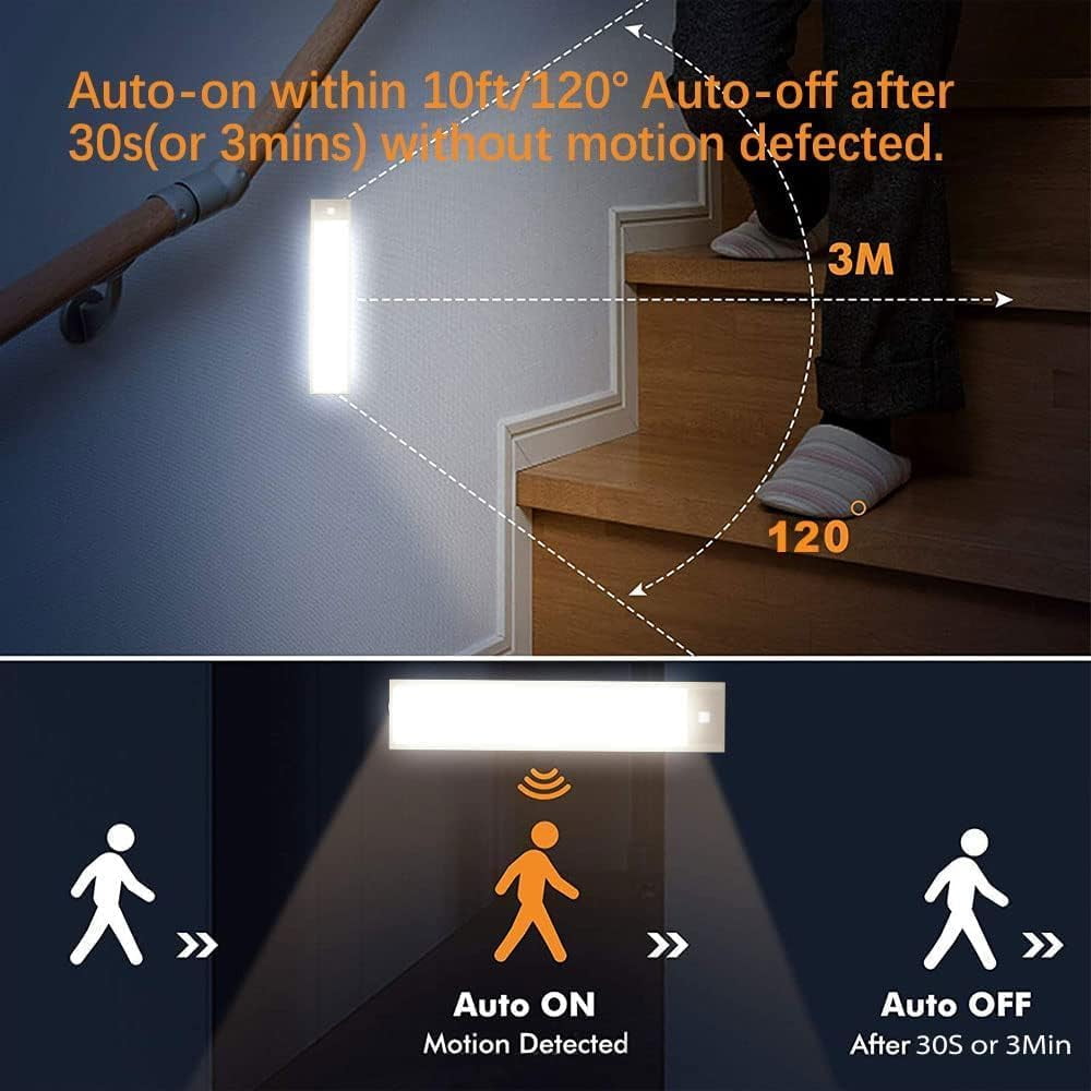 VST Under Cabinet Lights, Motion Sensor Light Indoor 2200mAh Rechargeable, Closet Lights with Magnetic Suck, Cordless Under Counter Lights for Stairs Kitchen (3 Pack, Nature Light - 4000K)