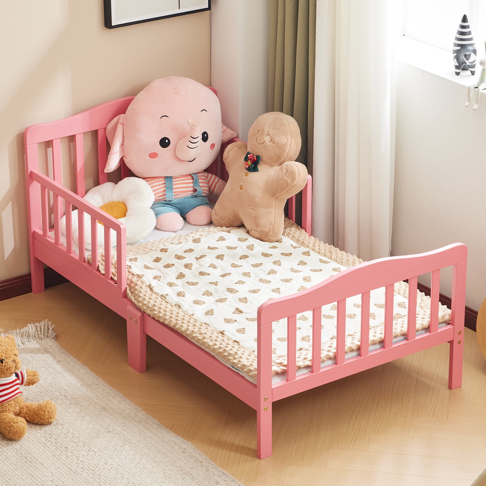 Zimtown Wood Bed, Wood Bedframe Bedroom Furniture w/Safety Rail Fence (Pink)
