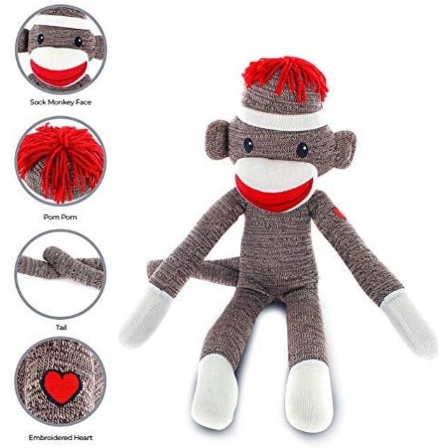 Made By Aliens Adorable Brown Sock Monkey, The Original Traditional Hand Knitted Stuffed Animal Toy Gift-for Kids, Babies, Teens, Girls and Boys Baby Doll Present Puppet 20 Inches