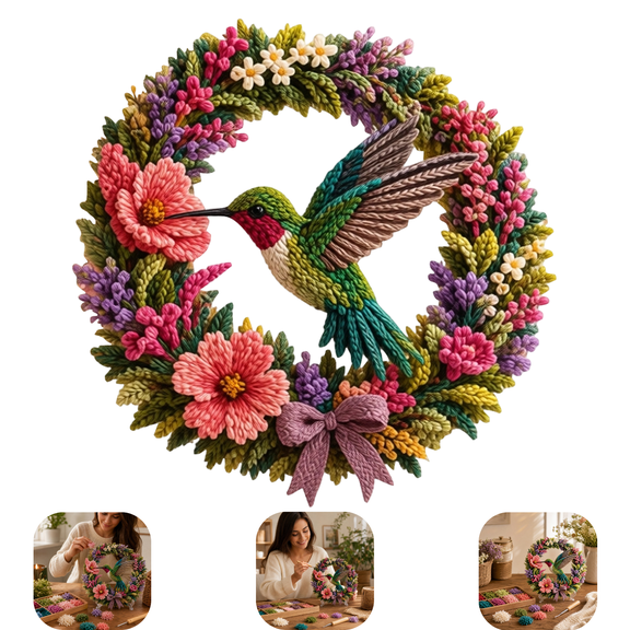 Christmas Cozy Nature 3D Fabric Poke Art Kit, Hummingbird Floral Wreath, DIY Punch Needle Yarn Craft Set for Adults Kids, Winter Holiday Handmade Wall Hanging & Tabletop Home Decoration