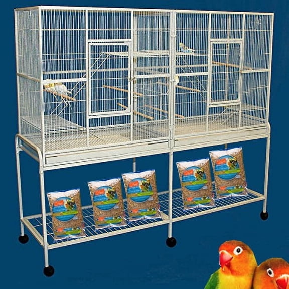Extra Large Double Center Divider Flight Bird House Breeding Cage Canary Parakeet Cockatiel Lovebird Finches, Side Nest Doors with Removable Rolling Stand