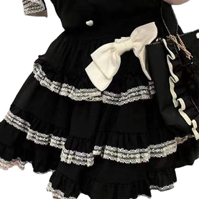 Conjunto de falda corta con capa de encaje para mujer, color negro - Material de poliéster, tallas S-M, adecuado para fiesta/casual, cintura elástica