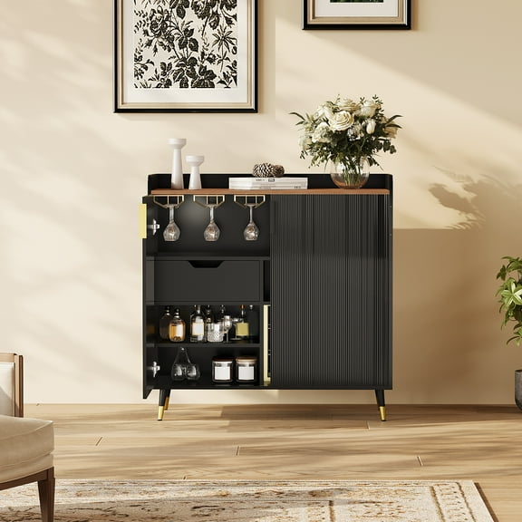 Kicctian Fluted Door Wine Bar Cabinet with 9-Bottle Wine Rack and Glass Holder for 6 Glasses, Adjustable Storage Buffet Sideboard for Dining Room, Kitchen or Living Room,Black