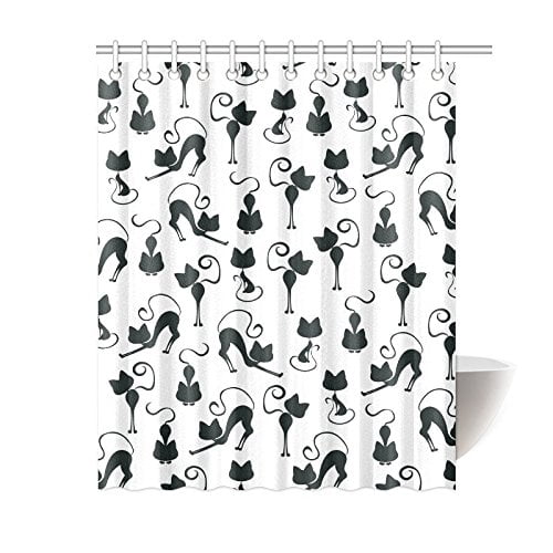 ARTJIA Black and White Shower Curtain, Black Cats Polyester Fabric