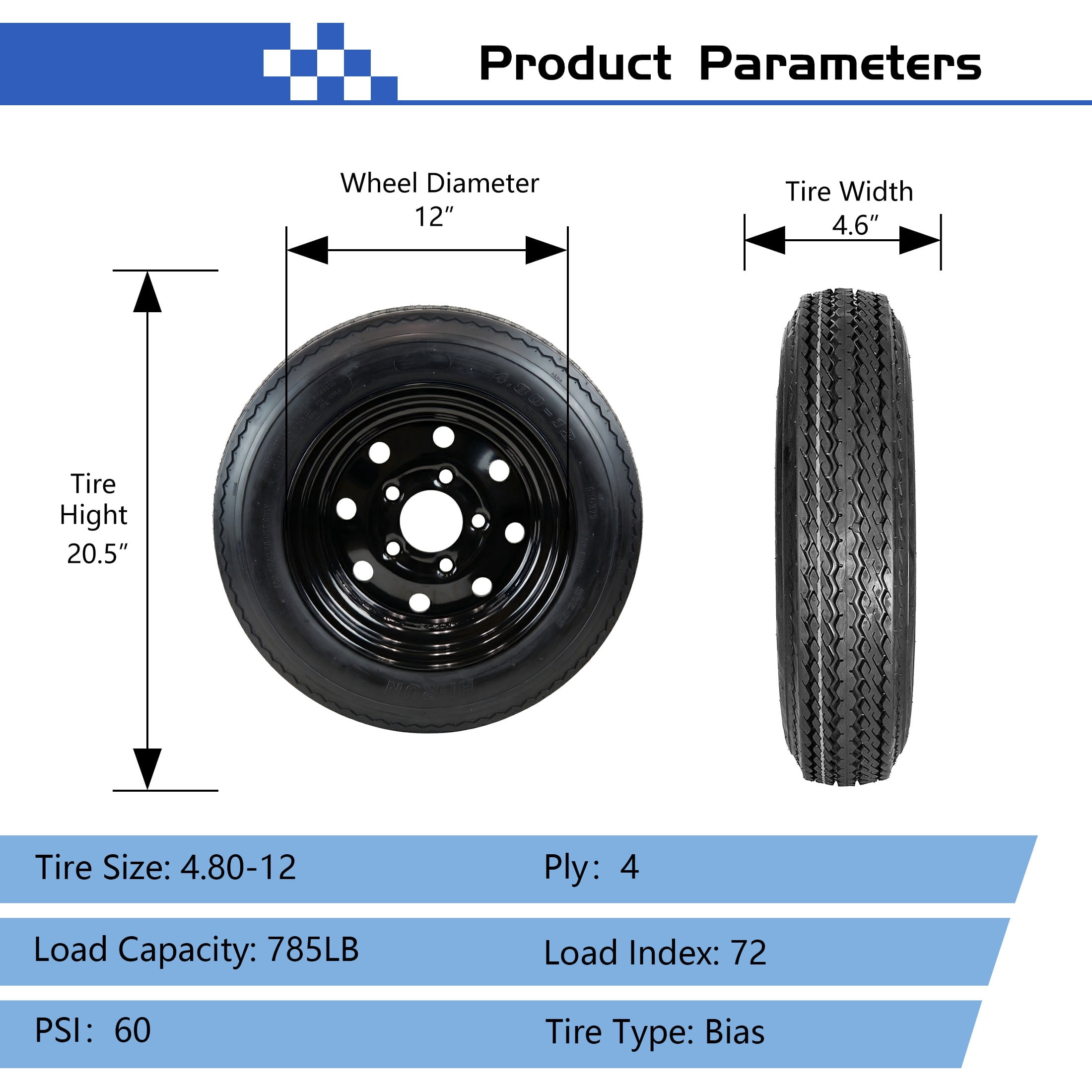 Hi-Run 2 Set SU02 4.80-12 4PR Boat Trailer Tire with 5 Lug on 4.5" Black Wheel Assembly