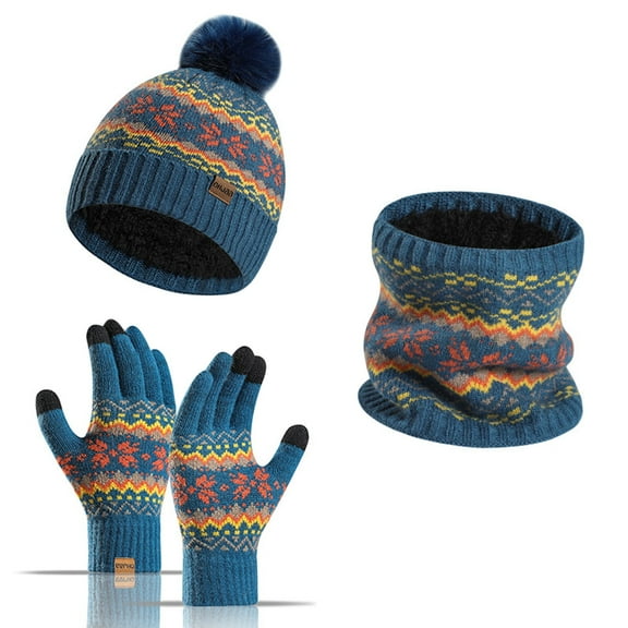 KkSLirnhs Winter Hats and Gloves for Women Set Winter New Thickened Warm Women's Snowflake Hat Gloves Scarf Three-piece Set Blue One Size
