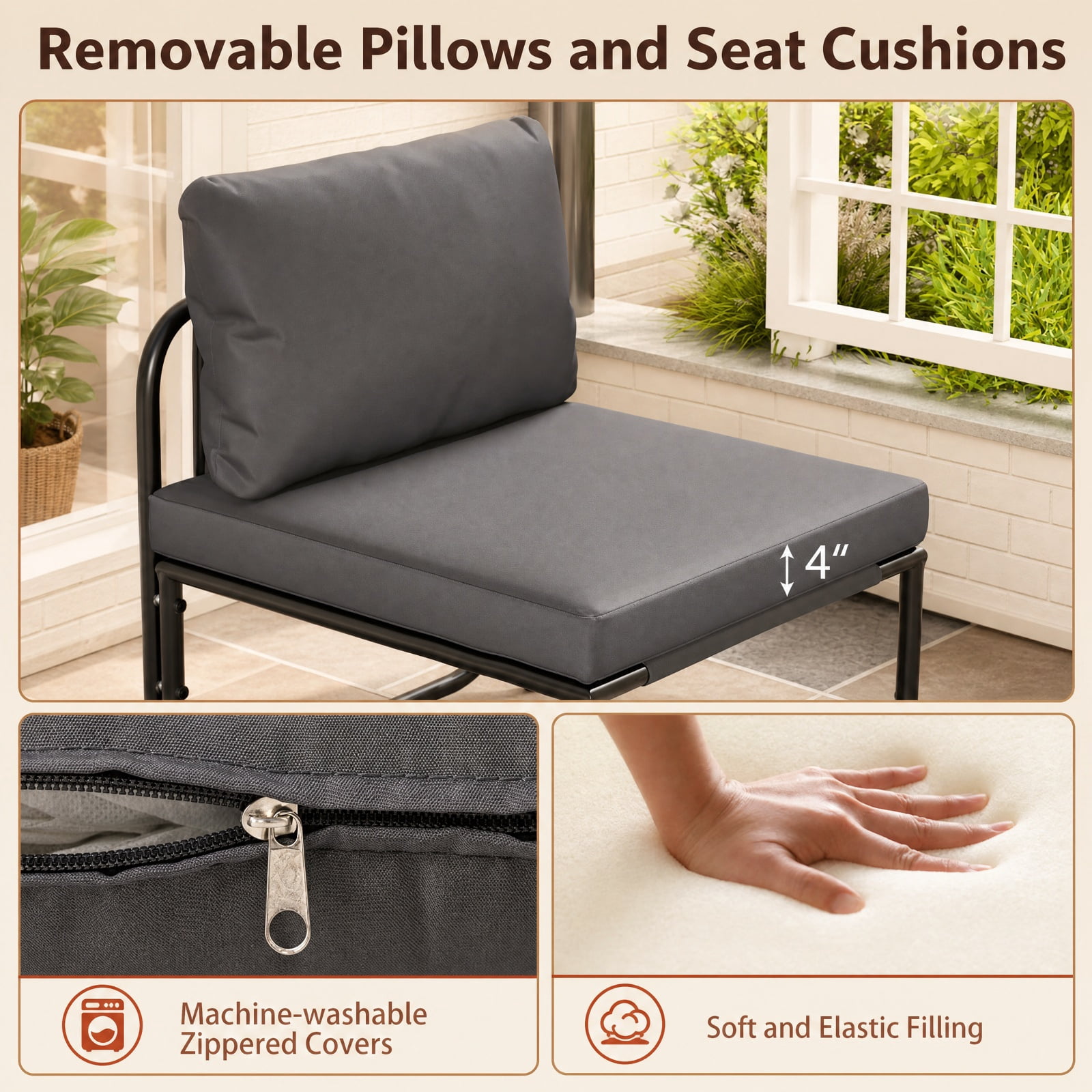 Furnibear Outdoor Patio Chairs Set of 2 with Removable Machine Washable Cushions Metal Frame and Adjustable Foot Pads for Backyard, Gray