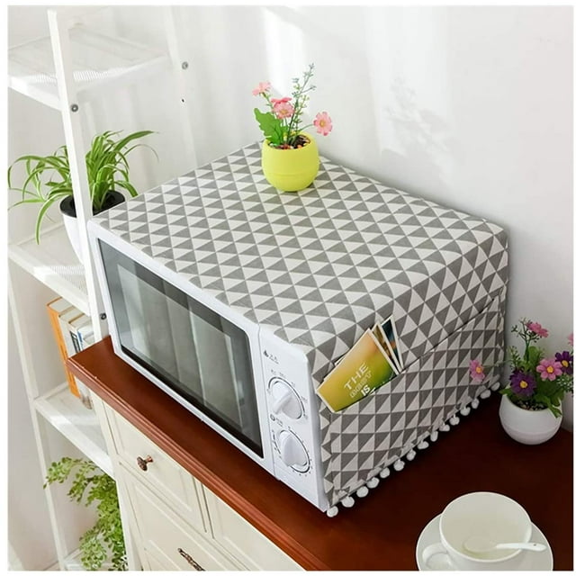 Microwave Oven Cover Dustproof, Cotton Microwave Oven Cover Dust Oil Proof Protection with Side Storage Pockets(Gray Triangle)