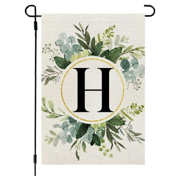Bandera de lino para jardín, estilo Ins, con estampado de 26 letras y plantas verdes, con la primera letra del apellido, ideal para colgar en la puerta del patio.
