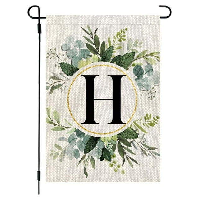Garden Flags for Outside,Welcome Garden Flag Ins Style, 26 Letters+Green Plant Printing, Flax Garden Flag, First Letter of Surname, Hanging Flag at the Gate of Courtyard Spring Garden Flag