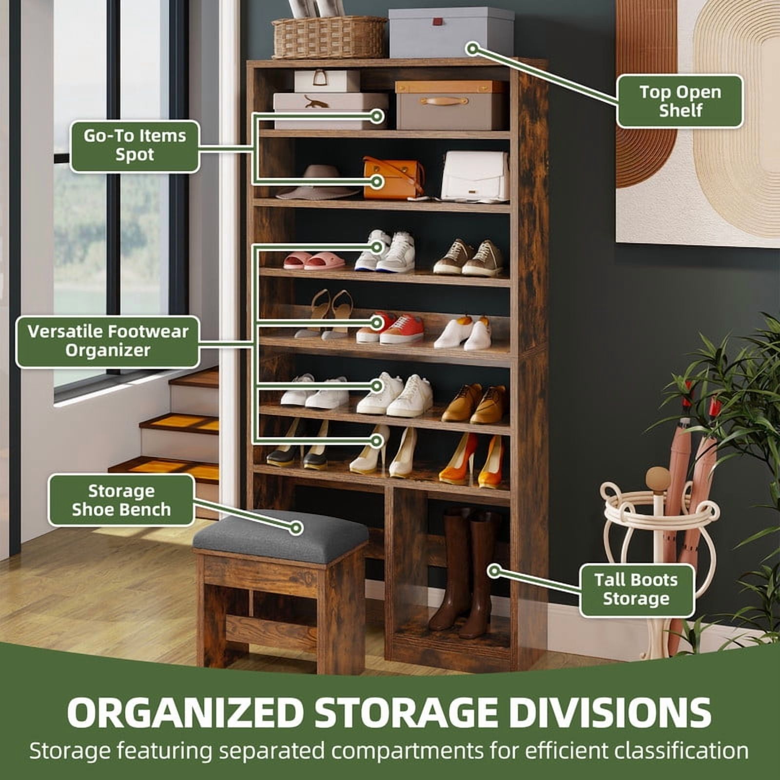 UFORIC 8-Tier Shoe Cabinet with Bench, 70.9" Tall Open Shoe Storage for Entryway, Brown