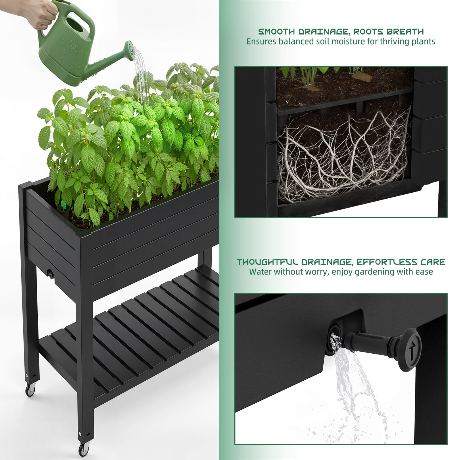 Fazzn 21‑Gallon Raised Garden Bed – Elevated Outdoor Planter Box with Self‑Watering Reservoir, Water Gauge & Drainage System, Perfect for Herbs & Vegetables, Black/White/Brown