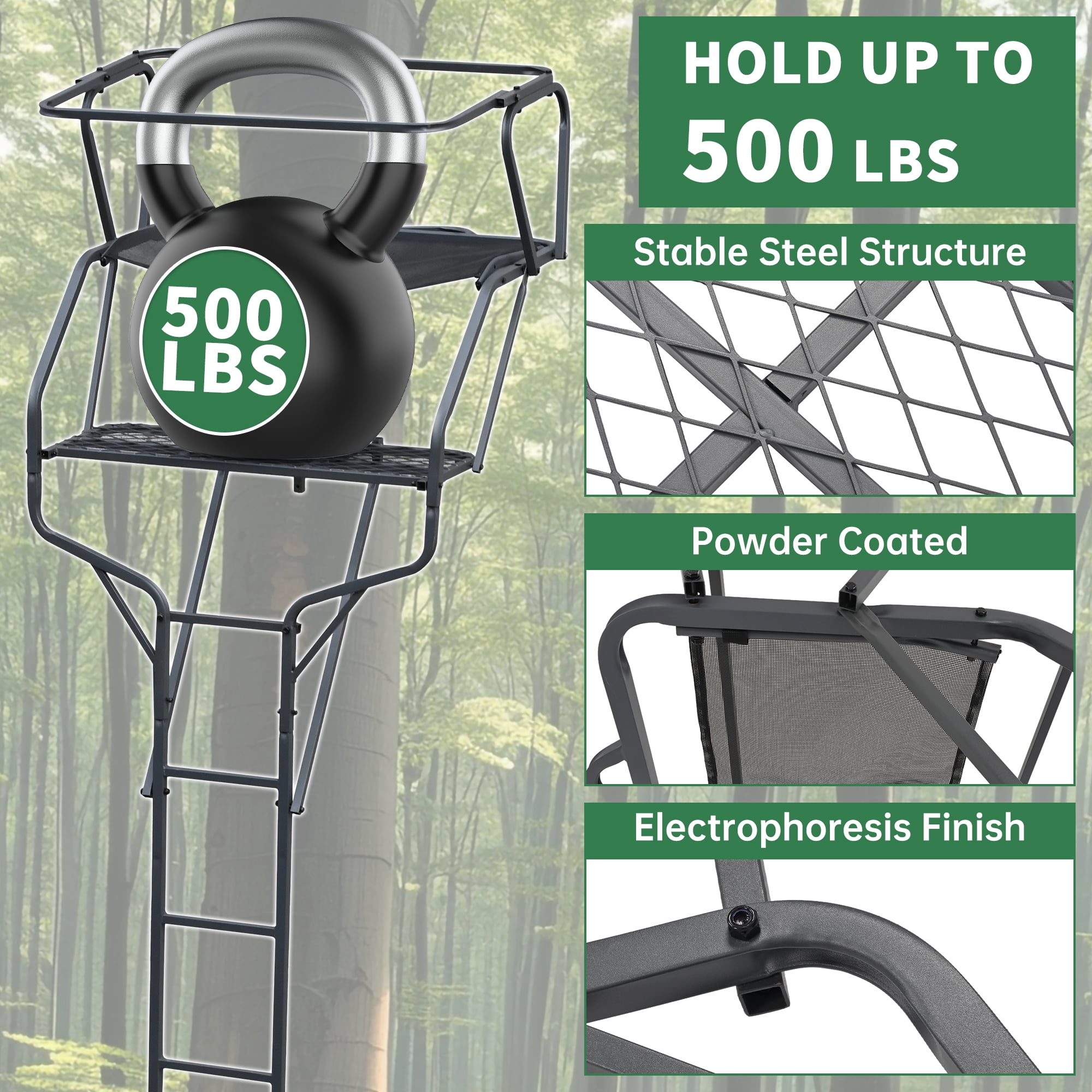 HECASA 18' 2-Man Ladder Tree Stand Climbing Tree Stand for Deer Hunting Elevated Climbing Seat Hunting Gear Equipment Accessories, 500 lb Weight Capacity