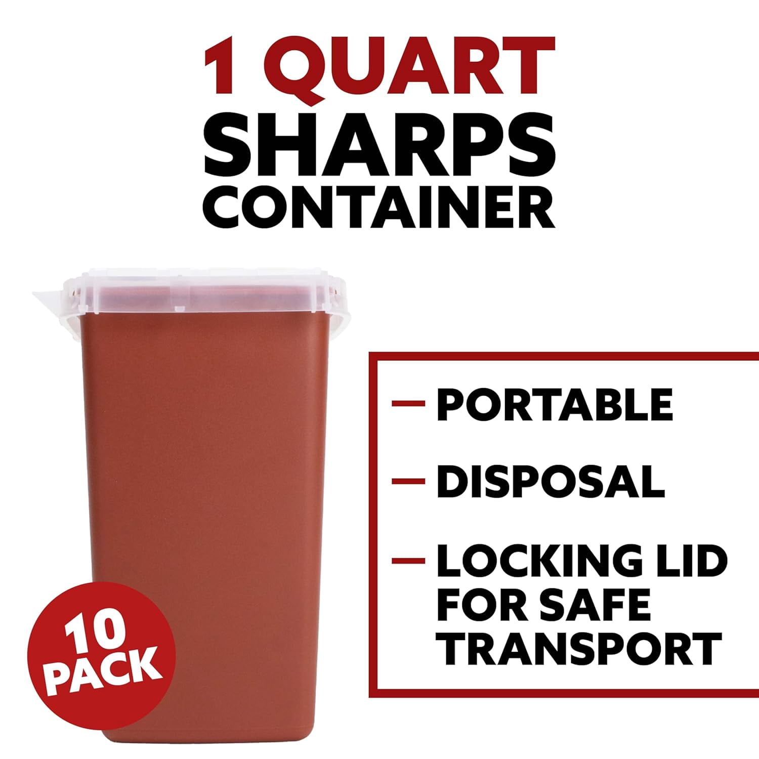 Sharps Container 1 Quart (10 Pack), Portable Container for Home Use, Biohazard Needle and Syringe Disposal, Small Portable Container for Travel and Professional Use