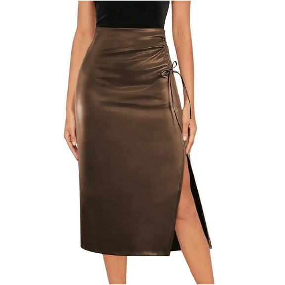 HAiming Women's High Waisted Leather Midi Skirt Trendy Drawstring Side Slit Work Going out Bodycon Pencil Midi Skirt