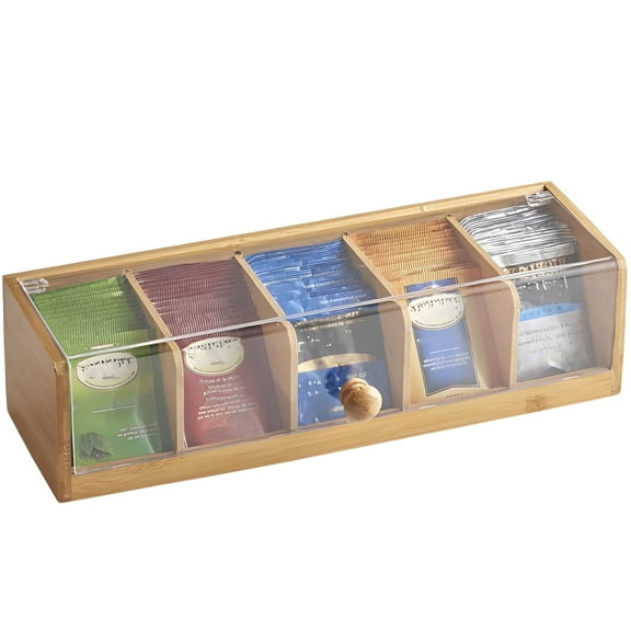 FUYGRCJ Bamboo Tea Bag Organizer, Clear Sorting Tea Storage Box with 5 Compartments, Coffee Bag Holder Dust Proof