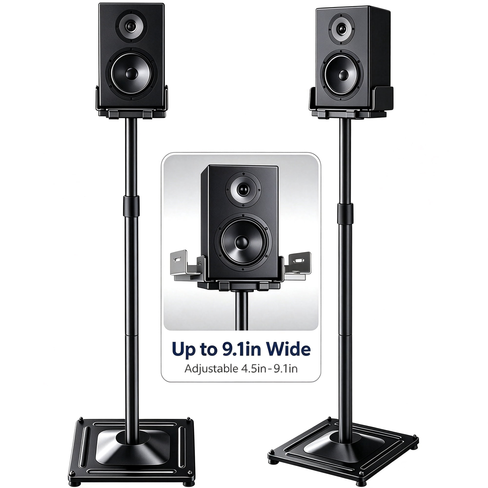 MountFTV Speaker Stands Height Adjustable,33.3" to 45.1",Floor Speaker Stand for Satellite & Studio & Bookshelf Speakers,up to 11lbs,for Surround Sound,1 Pair Black Stands