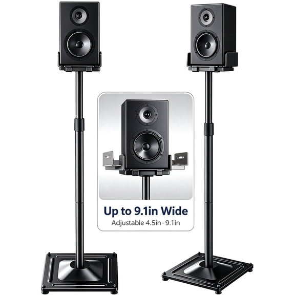 MountFTV Speaker Stands Height Adjustable,33.3" to 45.1",Floor Speaker Stand for Satellite & Studio & Bookshelf Speakers,up to 11lbs,for Surround Sound,1 Pair Black Stands