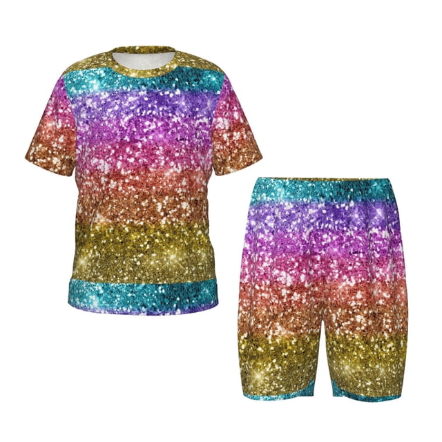 Balery Glitter Rainbow Conjunto de Pijama Infantil de Manga Corta con Estampado – Ropa de Dormir de Algodón Suave-3X-Large