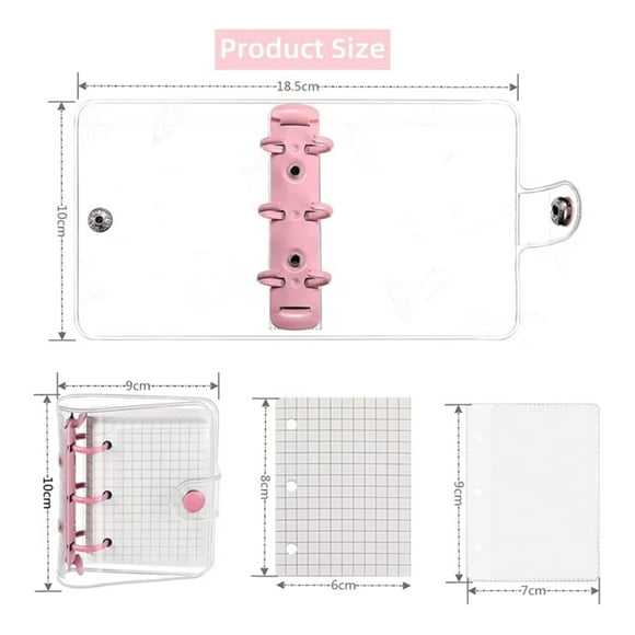 4 Pack Mini Transparent 3 Ring Binder Covers with Grid Inner Page and 12 Pcs Binder Pockets(3 Pcs/Set)