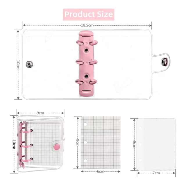 4 Pack Mini Transparent 3 Ring Binder Covers with Grid Inner Page and 12 Pcs Binder Pockets(3 Pcs/Set)