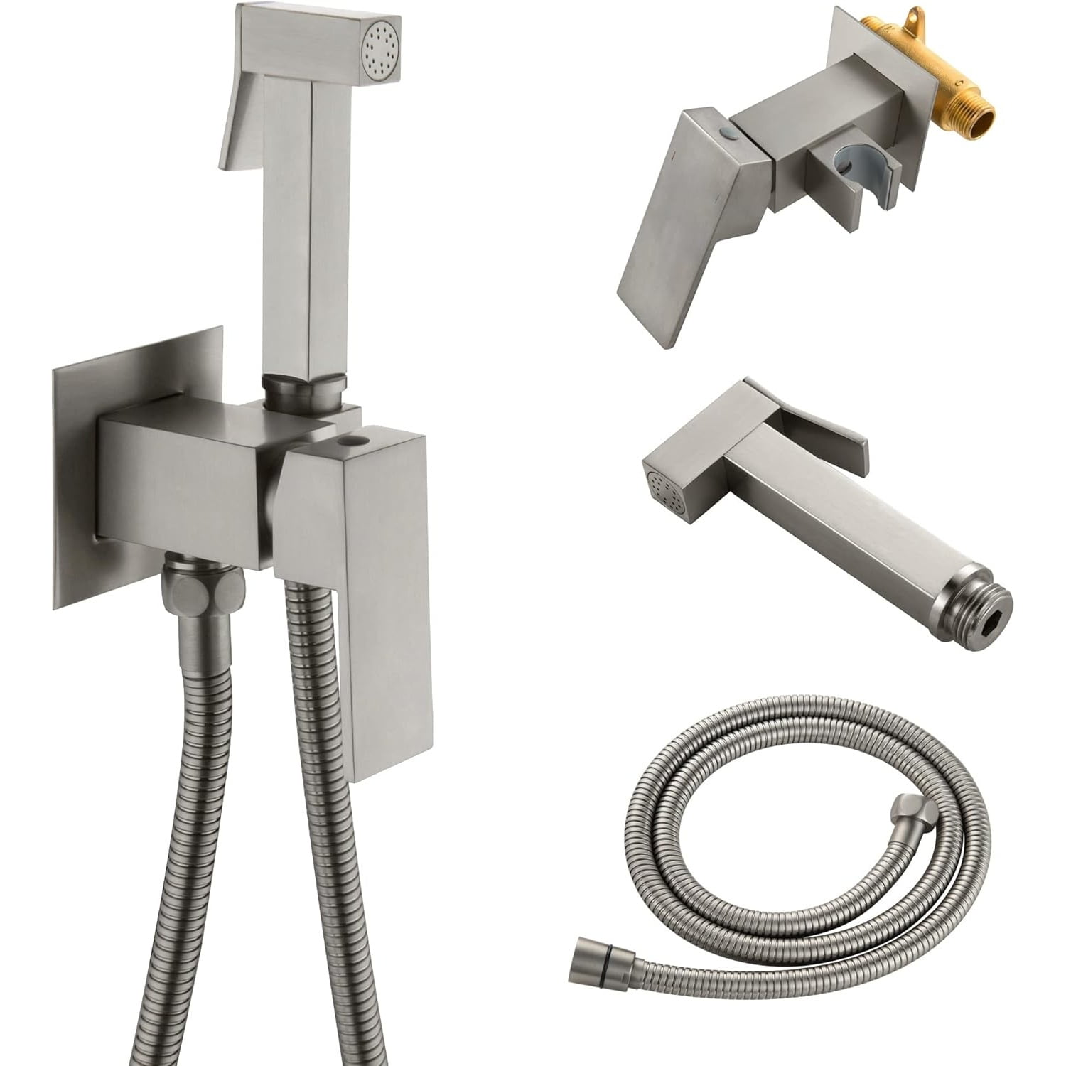 Warm Water Bidet Sprayer for Toilet with Hot and Cold Brass Rough-in Valve, Stainless Steel Handheld Bidet Attachment Set for Feminine, Pets and Baby Diaper Wash, Brushed Nickel