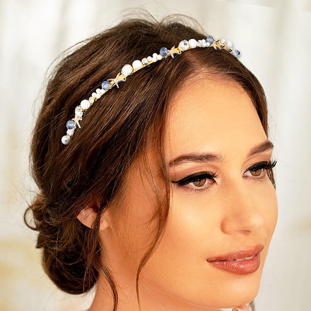 Formery Diadema con diamantes de imitación brillantes, diadema con perlas doradas y estrellas de mar, diadema para fiesta, graduación, boda, tocado hecho a mano con cuentas de cristal para mujeres y n