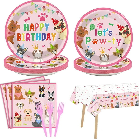 97pcs Pink Dog Birthday Party Decoration Set Puppy Party Supplies Including Dog Girl Party Plates Napkins Tablecloth For 24 Guests Suitable For Dog Birthday Party Decoration