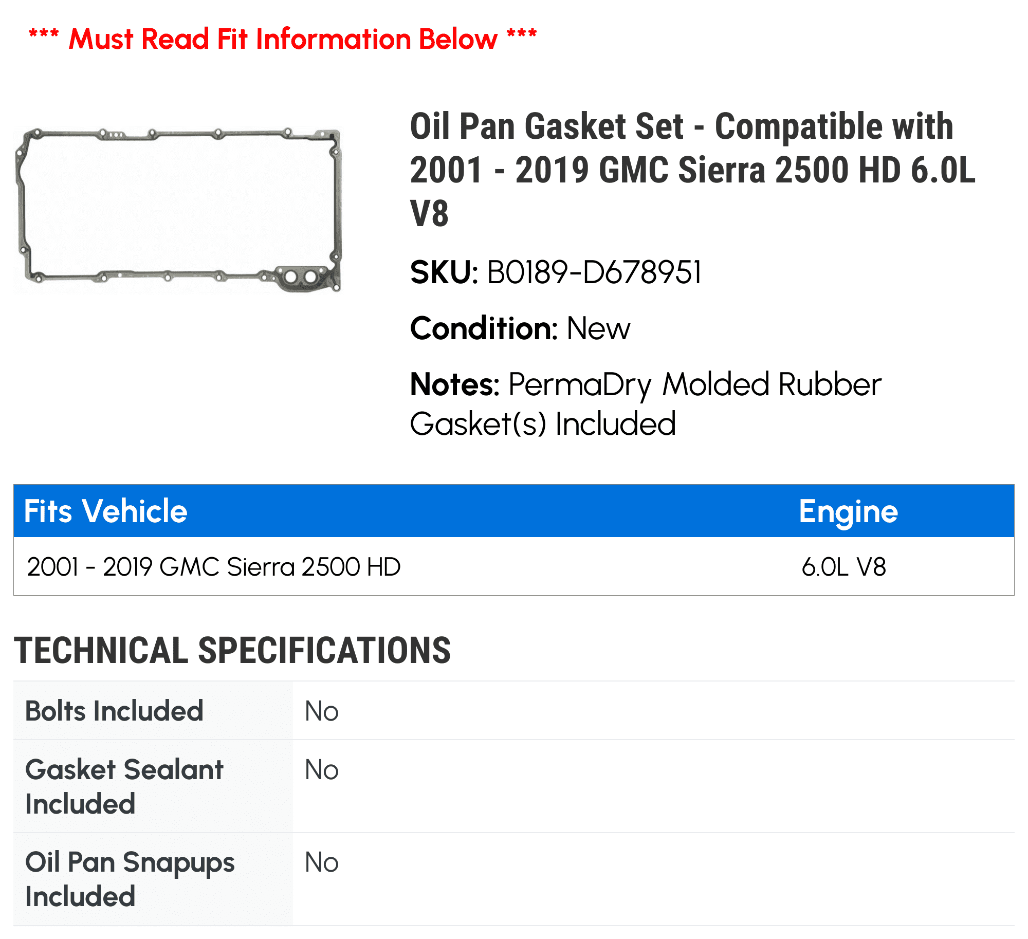 Oil Pan Gasket Set - Compatible with 2001 - 2019 GMC Sierra 2500 HD 6.0L V8 2002 2003 2004 2005 2006 2007 2008 2009 2010 2011 2012 2013 2014 2015 2016 2017 2018