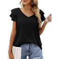 thumbnail image 1 of CHOK Womens Tops Summer Double Ruffle Short Sleeve V-Neck Casual Blouses  Colorful Leaves-L(US 12-14), 1 of 5