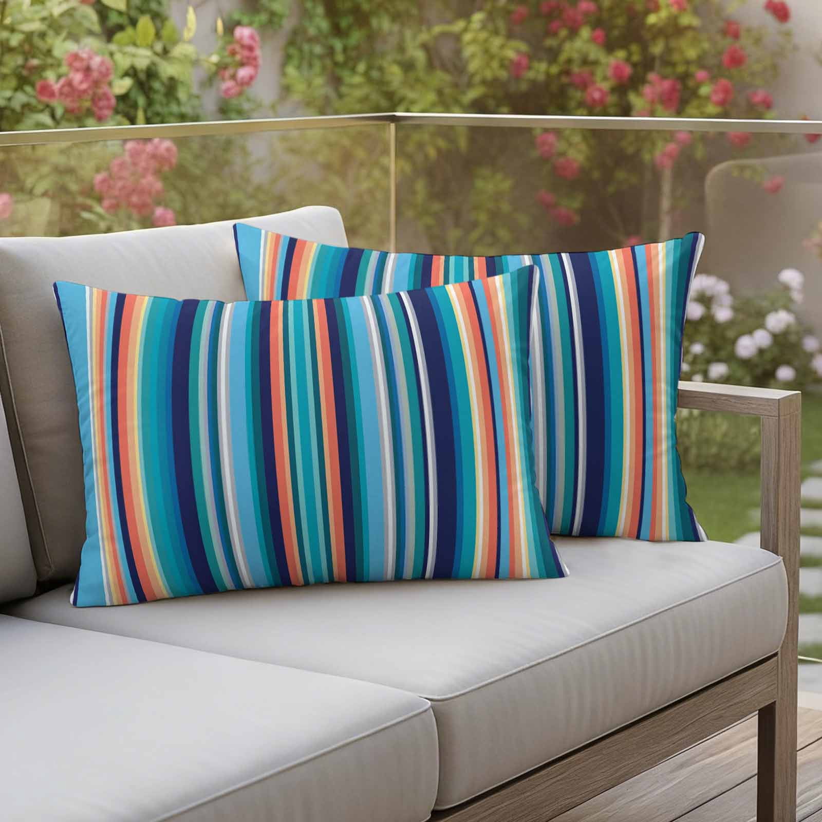 Mexican Style Outdoor Waterproof Throw Pillow Covers 20x12 Set of 2, Colorful Mexico Stripes Light Blue Decorative Pillowcases Cushion Pillowcase for Couch Sofa Patio Outside Pillow Protector