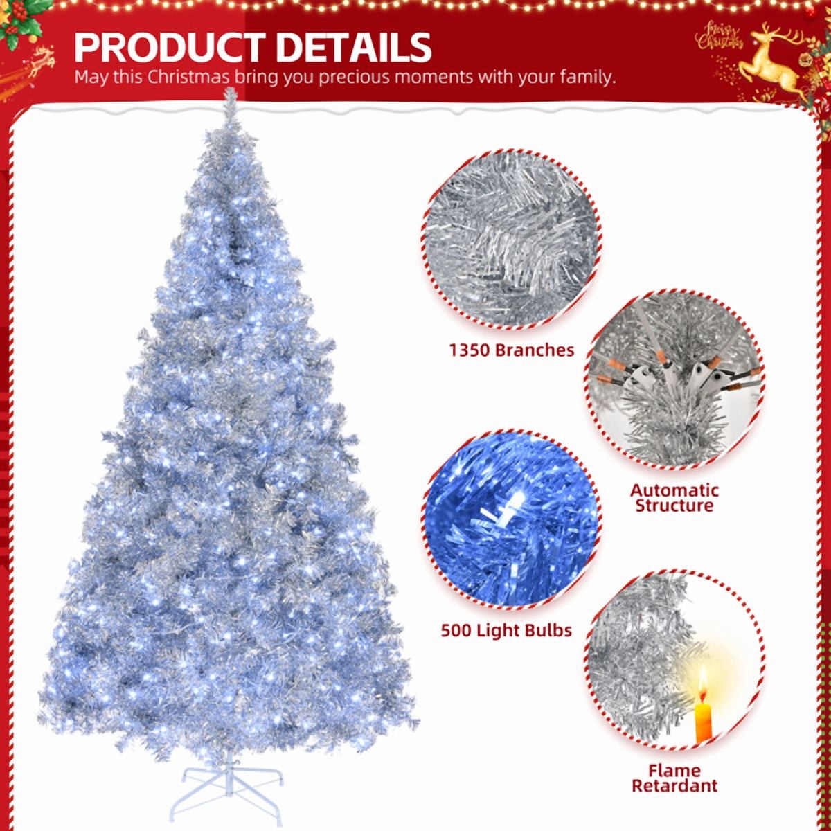 8ft Pre-lit Silver Christmas Tree with 500 Lights & Remote, 1350 Branch Tips, Artificial Xmas Tree for Home/Office Holiday Decor