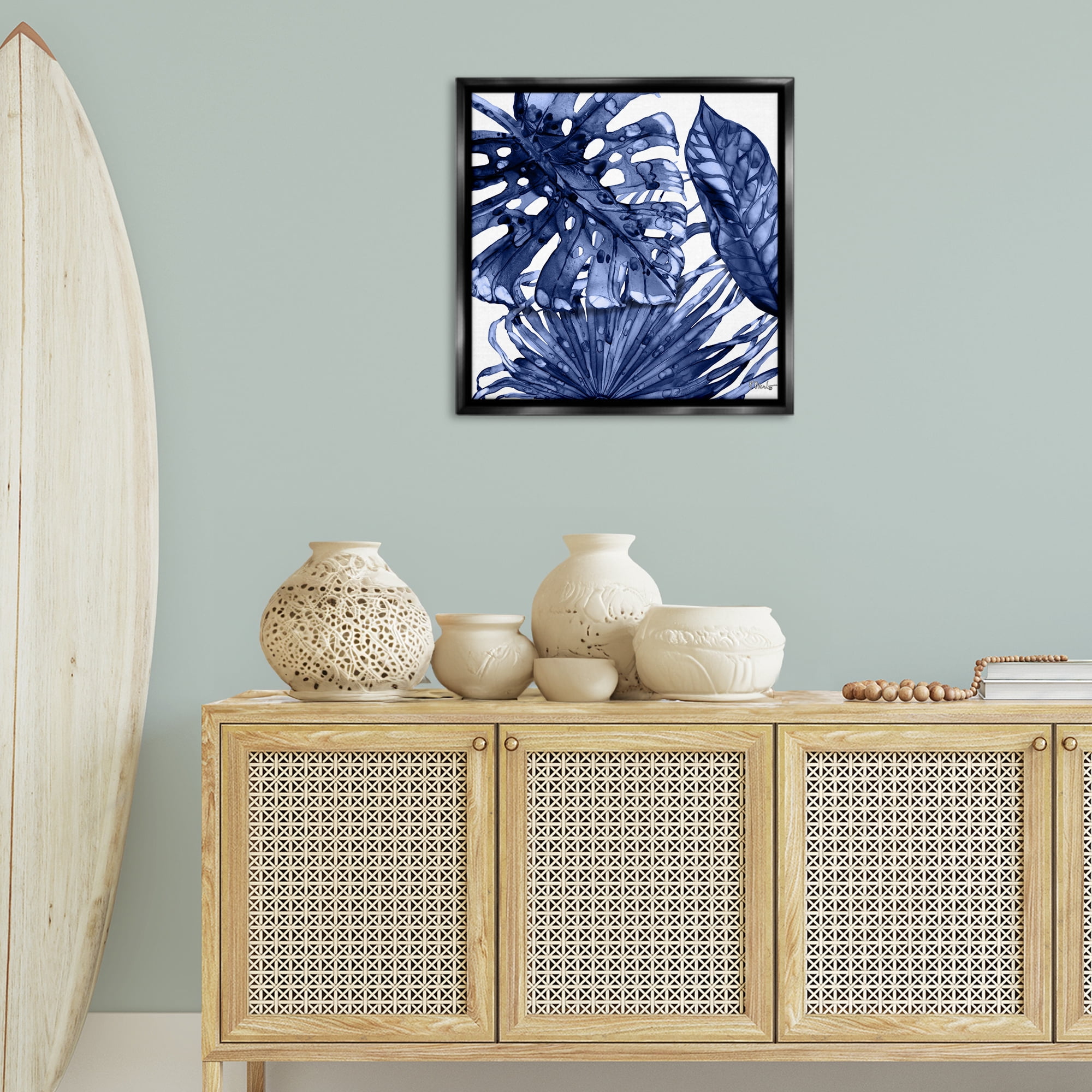 Stupell Industries Blue Hued Palms Botanical & Floral Painting Black Floater Framed Canvas Art Print Wall Art, 25 x 25