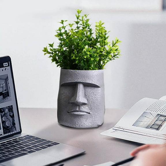 ToyKingdee Easter Island Moai Head Planter Pot, Human Face Flower Pot for Desktop Home Decor, Cool Moai Figurines Pen and Brush Holder